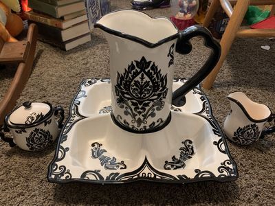 Black & White Damask Ceramic Pitcher, Sugar, Creamer & Serving Tray Set