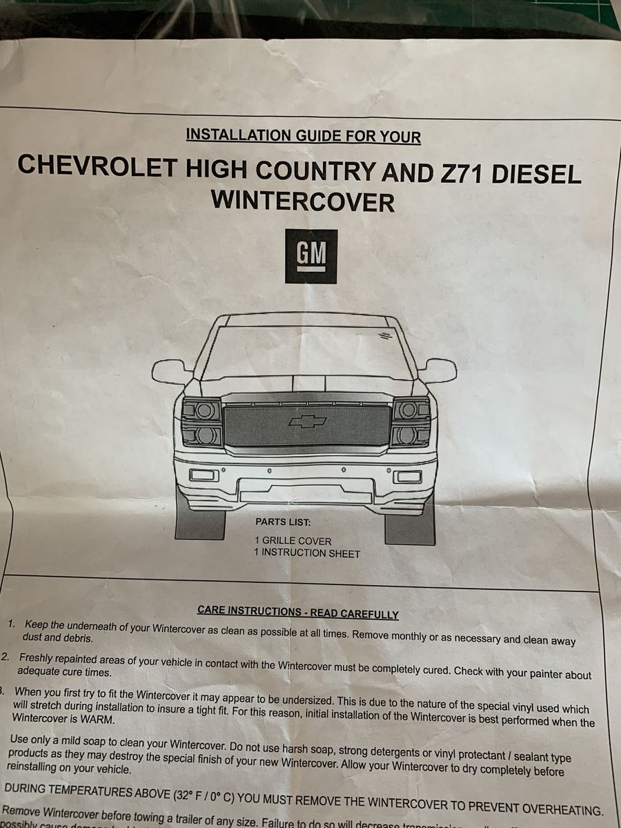 GM Chevrolet High Country Z71 Diesel Wintercover Grille Cover & Instructions