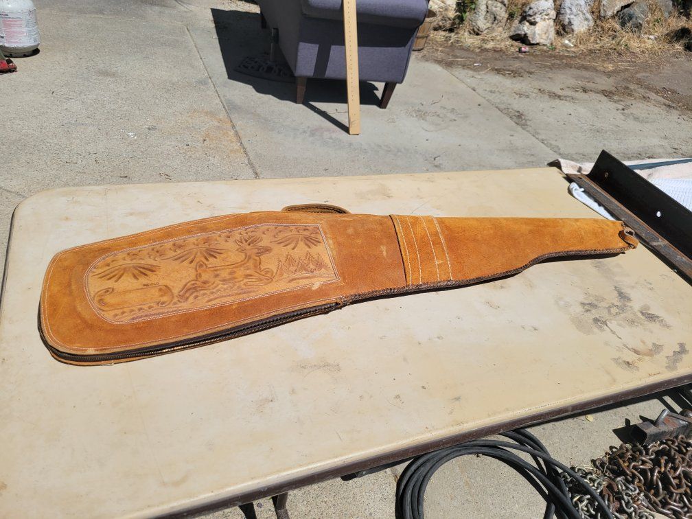 Vintage Tooled Leather Rifle Case Sheepskin Lined - Brown/Tan