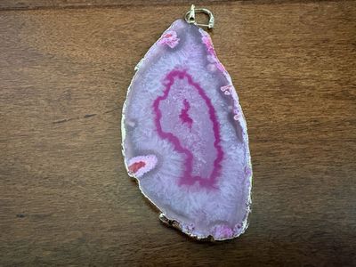Large Pink Slice Of Agate Pendant W/ Gold Edge
