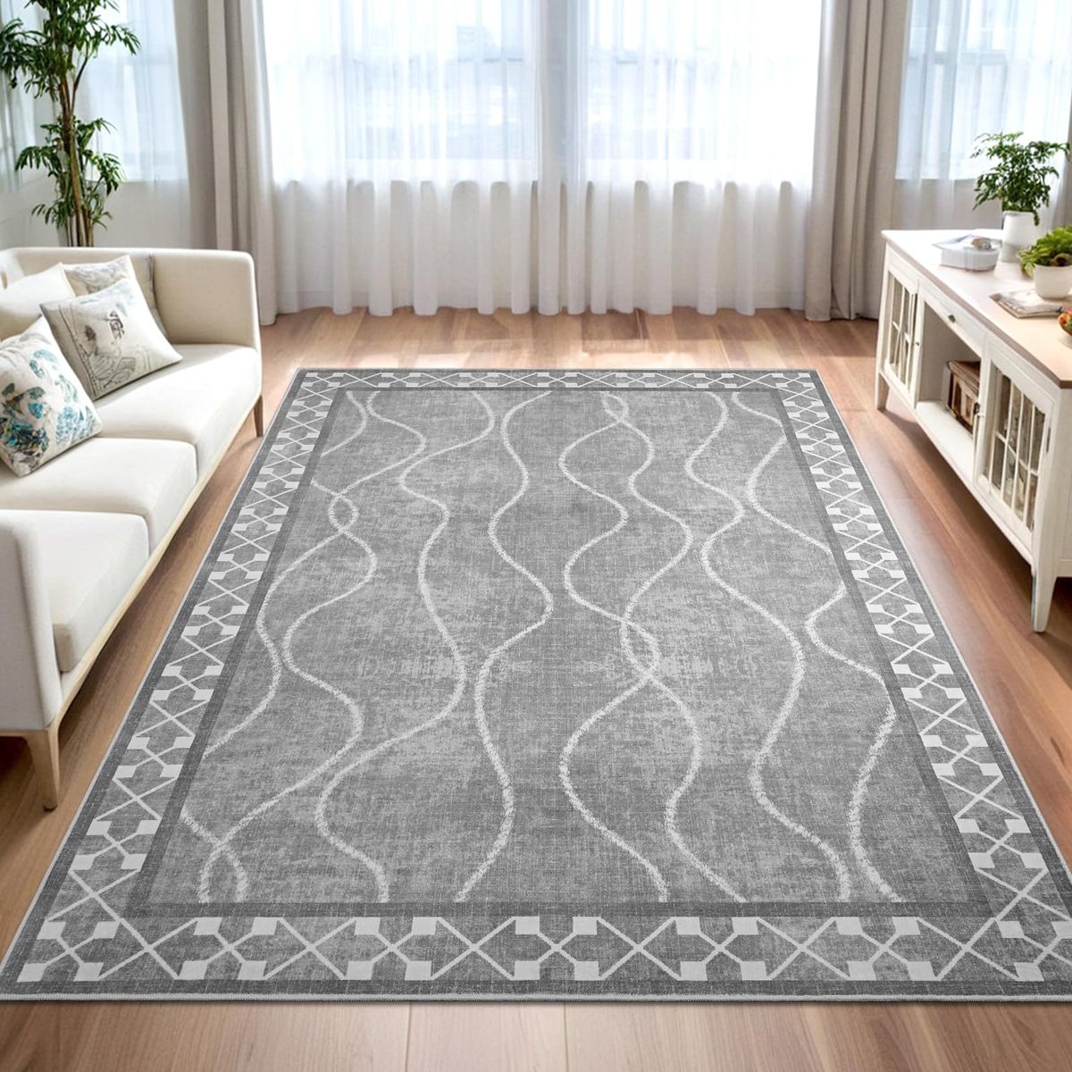 NEW 8x10 Modern Charcoal Gray Area Rug - Abstract Waves & Geometric Border