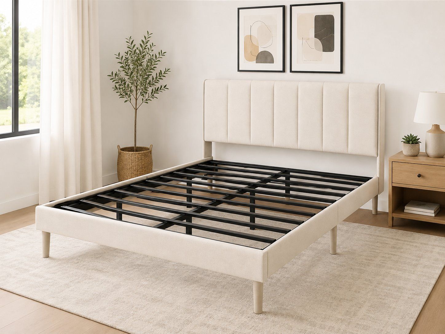 King Size Upholstered Platform Bed Frame – Cream Velvet, Modern Design #416