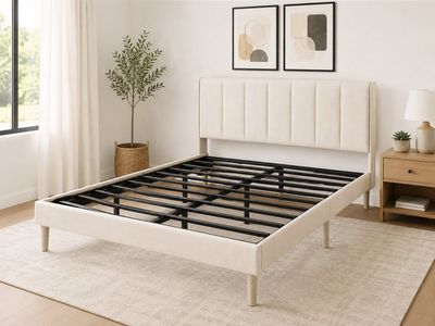King Size Upholstered Platform Bed Frame – Cream Velvet, Modern Design #416