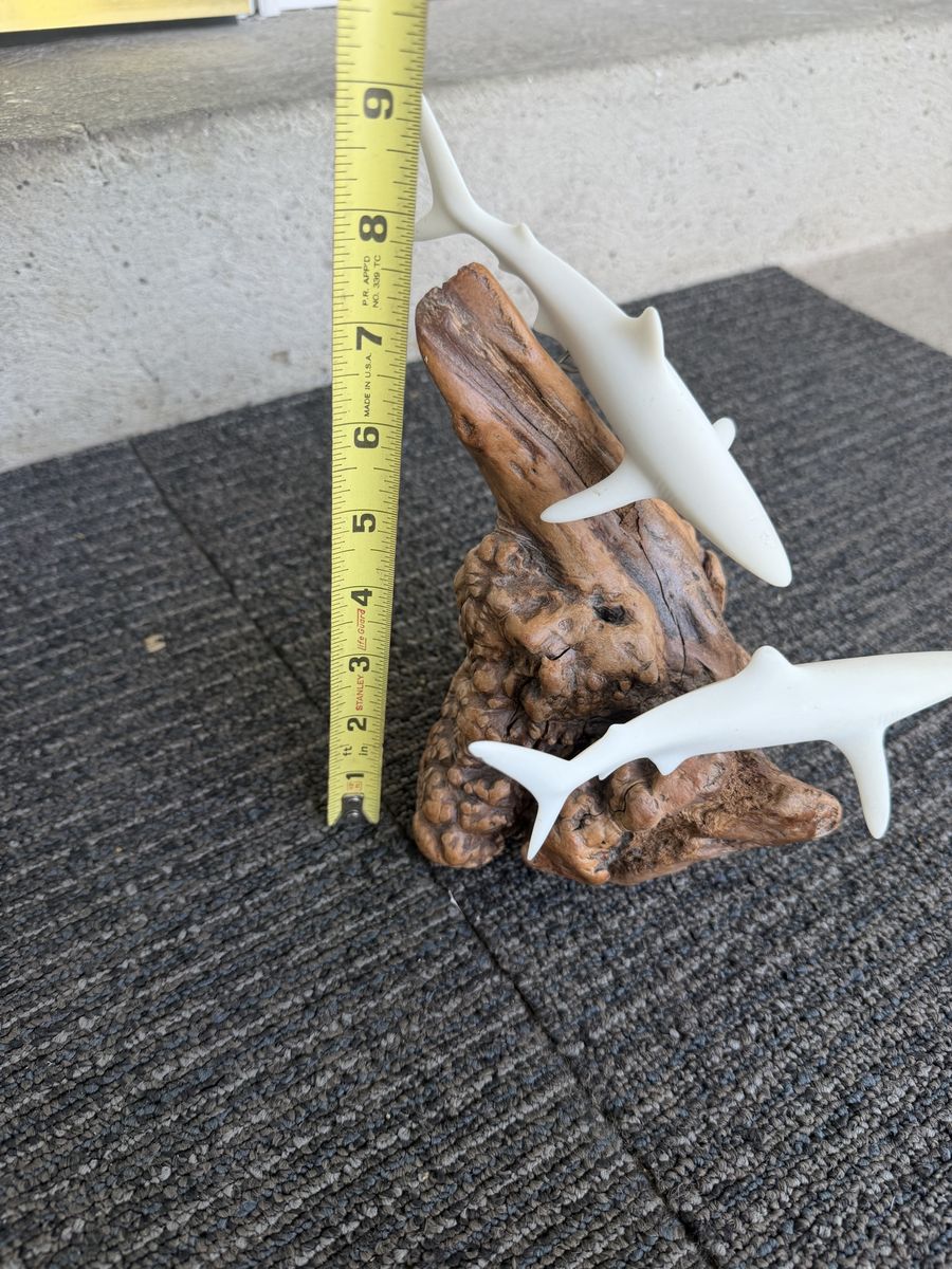 Vintage Hand-Carved Shark Sculpture on Natural Driftwood Base - 9 Inches