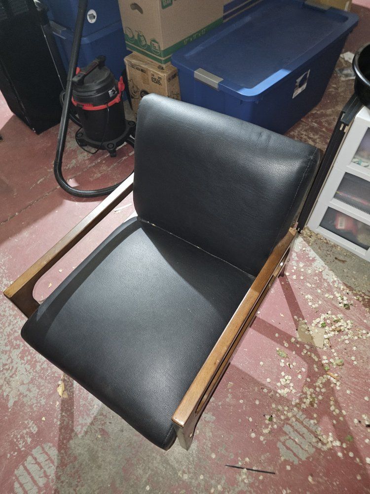 Mid-Century Modern Wood Frame Armchair, Black Faux Leather Upholstery