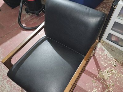 Mid-Century Modern Wood Frame Armchair, Black Faux Leather Upholstery