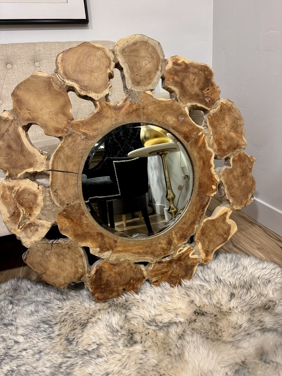 Handcrafted Teak Wood Root Round Wall Mirror - Natural Edge Rustic Decor Accent Stunning Pottery Barn Mirror!