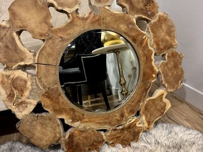 Handcrafted Teak Wood Root Round Wall Mirror - Natural Edge Rustic Decor Accent Stunning Pottery Barn Mirror!