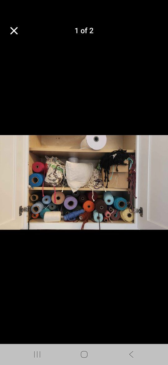 Assorted Macrame Cord and Yarn Craft Spools Lot with Storage Rack