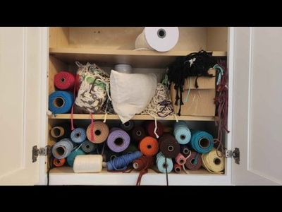 Assorted Macrame Cord and Yarn Craft Spools Lot with Storage Rack