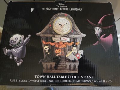collectible Disney The Nightmare Before Christmas Town Hall Table Clock & Bank produced by Spirit Halloween.