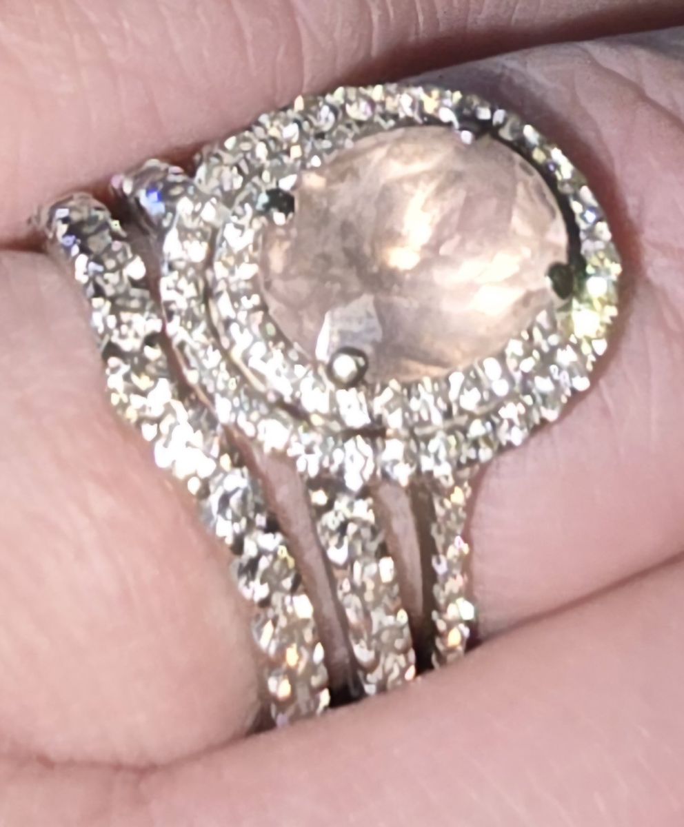 Elegant white gold & rare peachy pink Ring Set with Pave Diamond Accents, Size 7