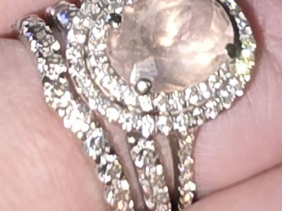 Elegant white gold & rare peachy pink Ring Set with Pave Diamond Accents, Size 7