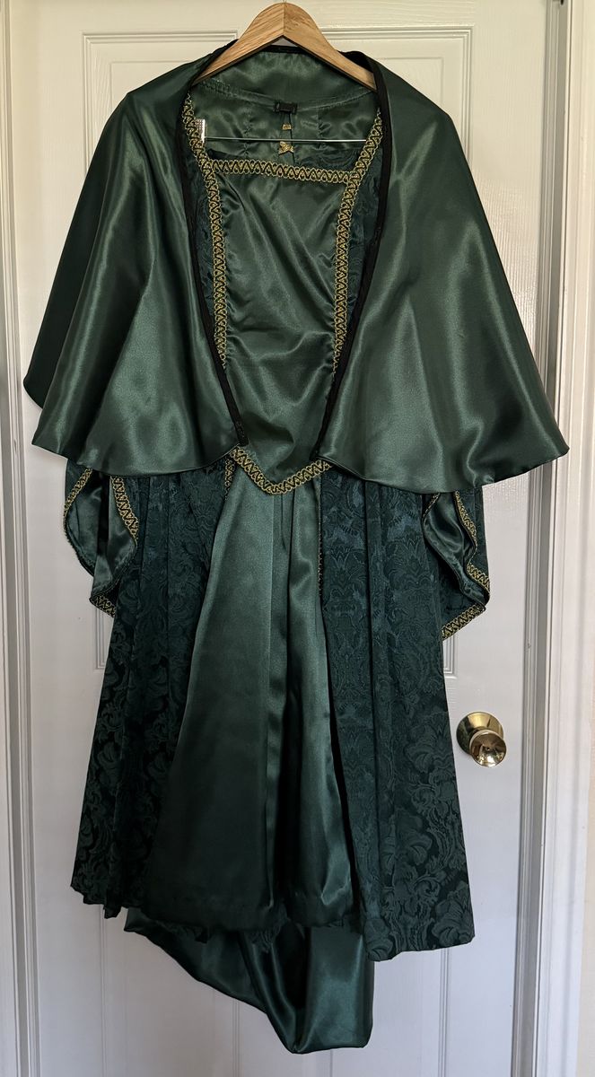 Dark Green Velvet and Satin Renaissance Faire Dress with Gold Trim, Women's Size M/L