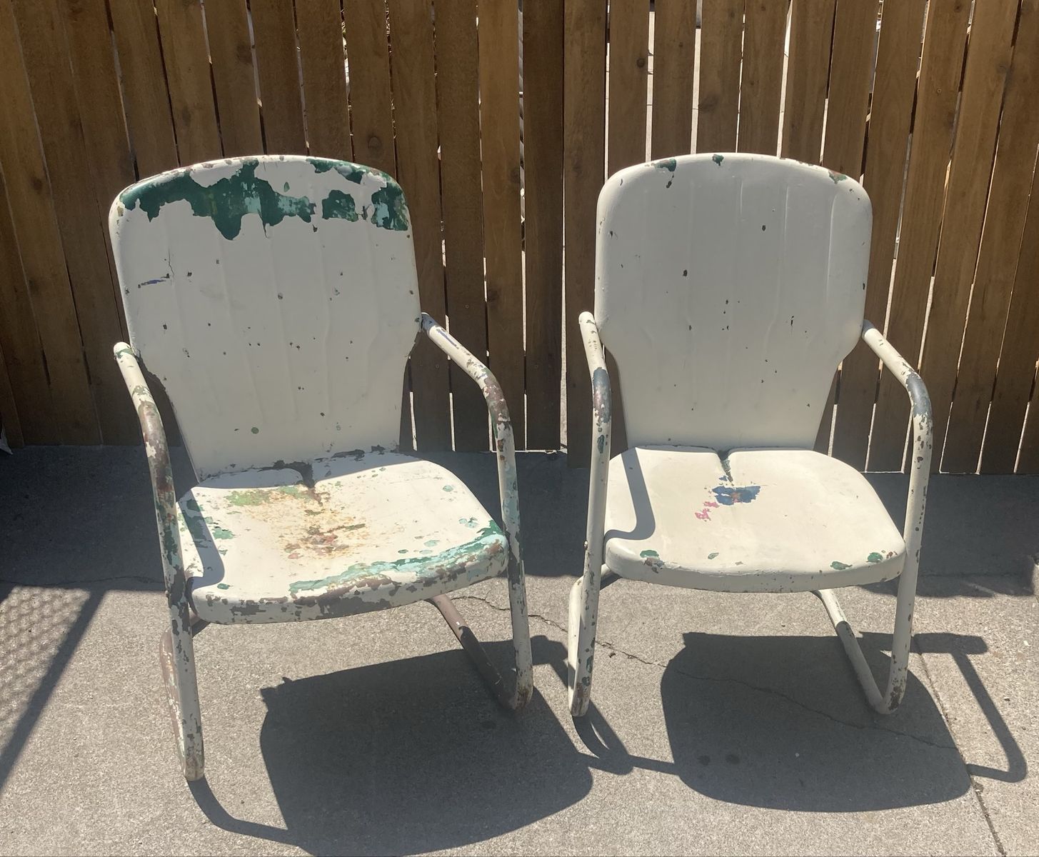 Vintage Metal Patio Chairs - Set of 2, White/Blue/Green, Heavily Distressed