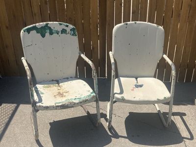 Vintage Metal Patio Chairs - Set of 2, White/Blue/Green, Heavily Distressed