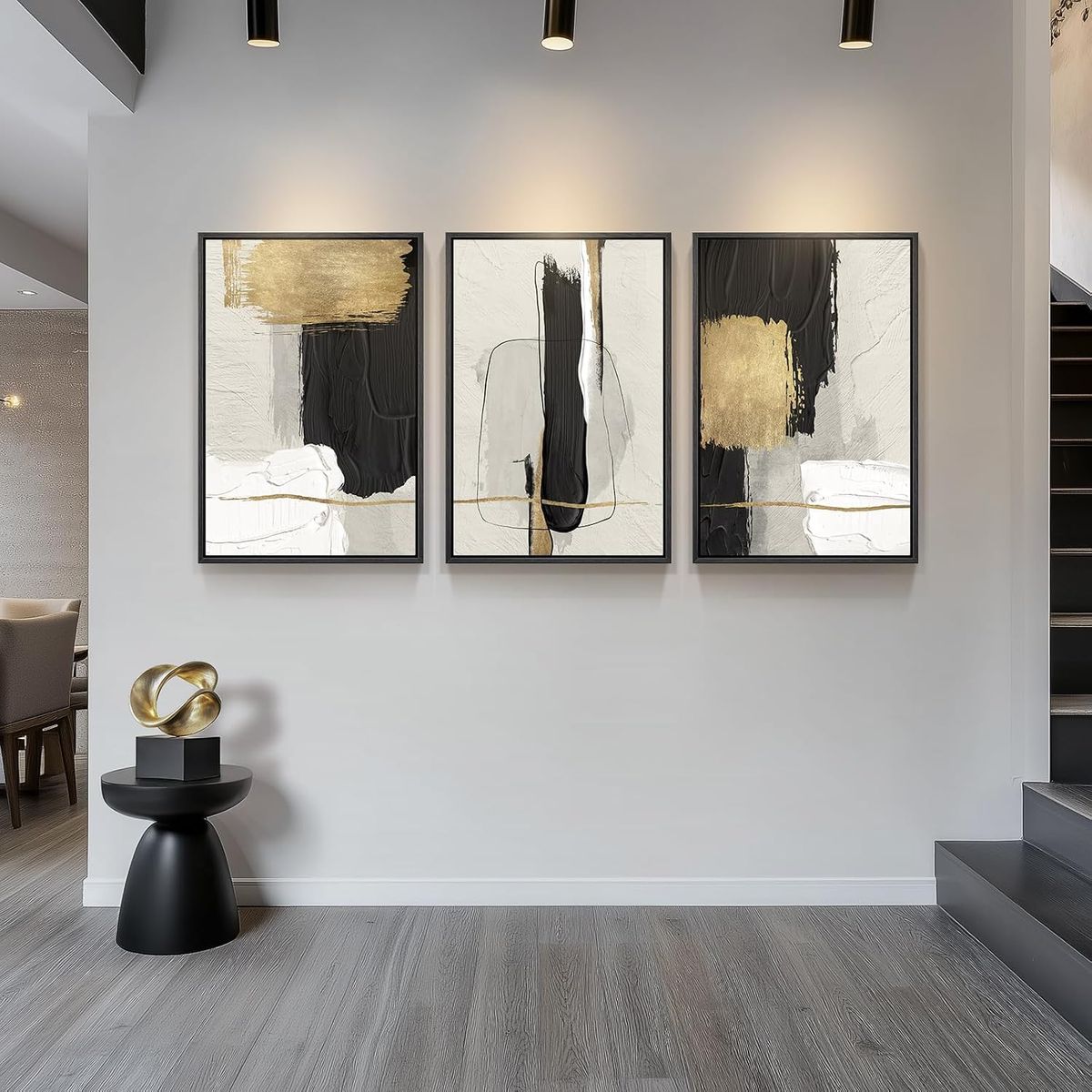 NEW 24x36 (3) Large Framed Black and White Abstract Modern Minimalist Black Gold