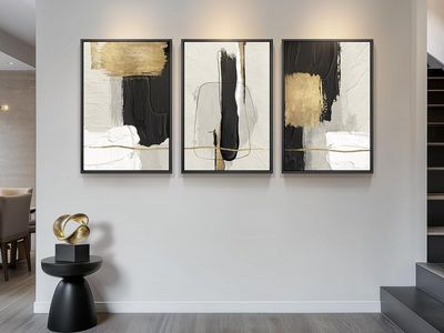 NEW 24x36 (3) Large Framed Black and White Abstract Modern Minimalist Black Gold