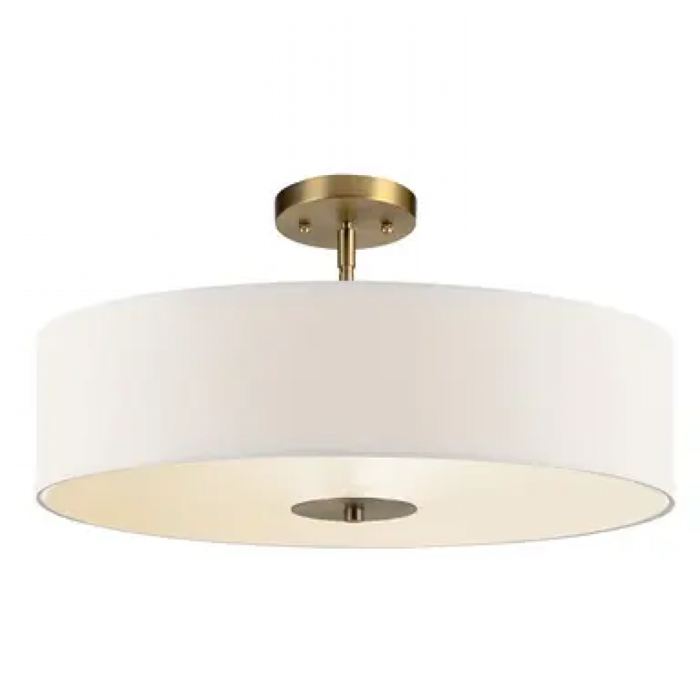 Modern 16” 3 Bulb Semi-Flush Mount – Brass Finish w/ White Linen Shade