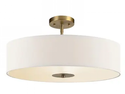 Modern 16” 3 Bulb Semi-Flush Mount – Brass Finish w/ White Linen Shade