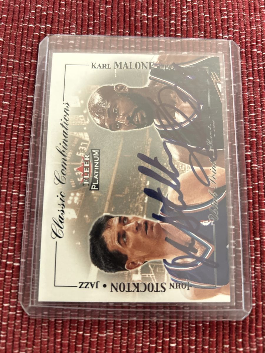 Dual 2001-02 Autograph Karl Malone & John Stockton Utah Jazz Fleer Platinum Classic Combinations Hand Signed NBA Basketball Card