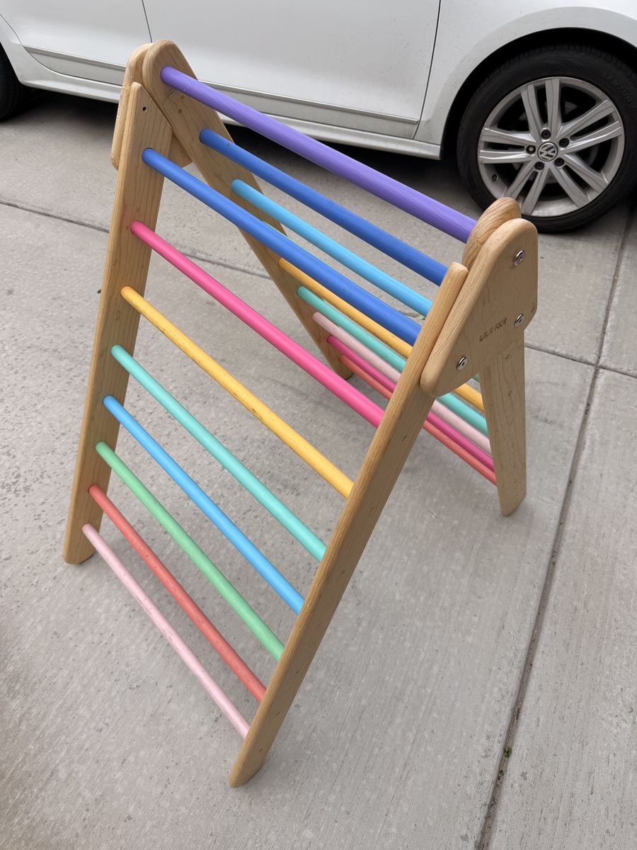 Little Risers Large Pikler Triangle with Reversible Ramp and Ladder Climber - Natural Wood & Rainbow