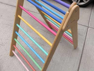 Little Risers Large Pikler Triangle with Reversible Ramp and Ladder Climber - Natural Wood & Rainbow