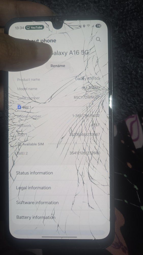 Samsung Galaxy A16 5G (SM-A166U) - AT&T - Heavily Damaged Screen - For Parts/Repair