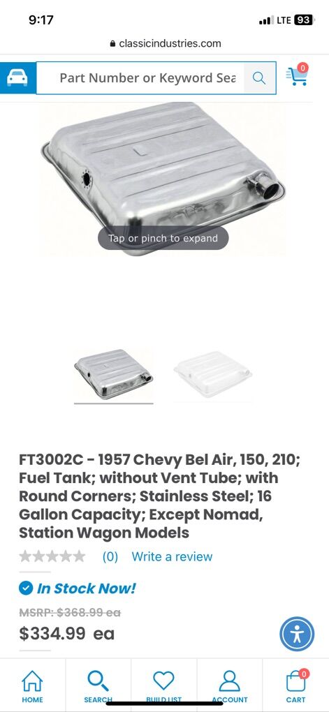 1956 Chevrolet Stainless Steel Fuel Tank. New