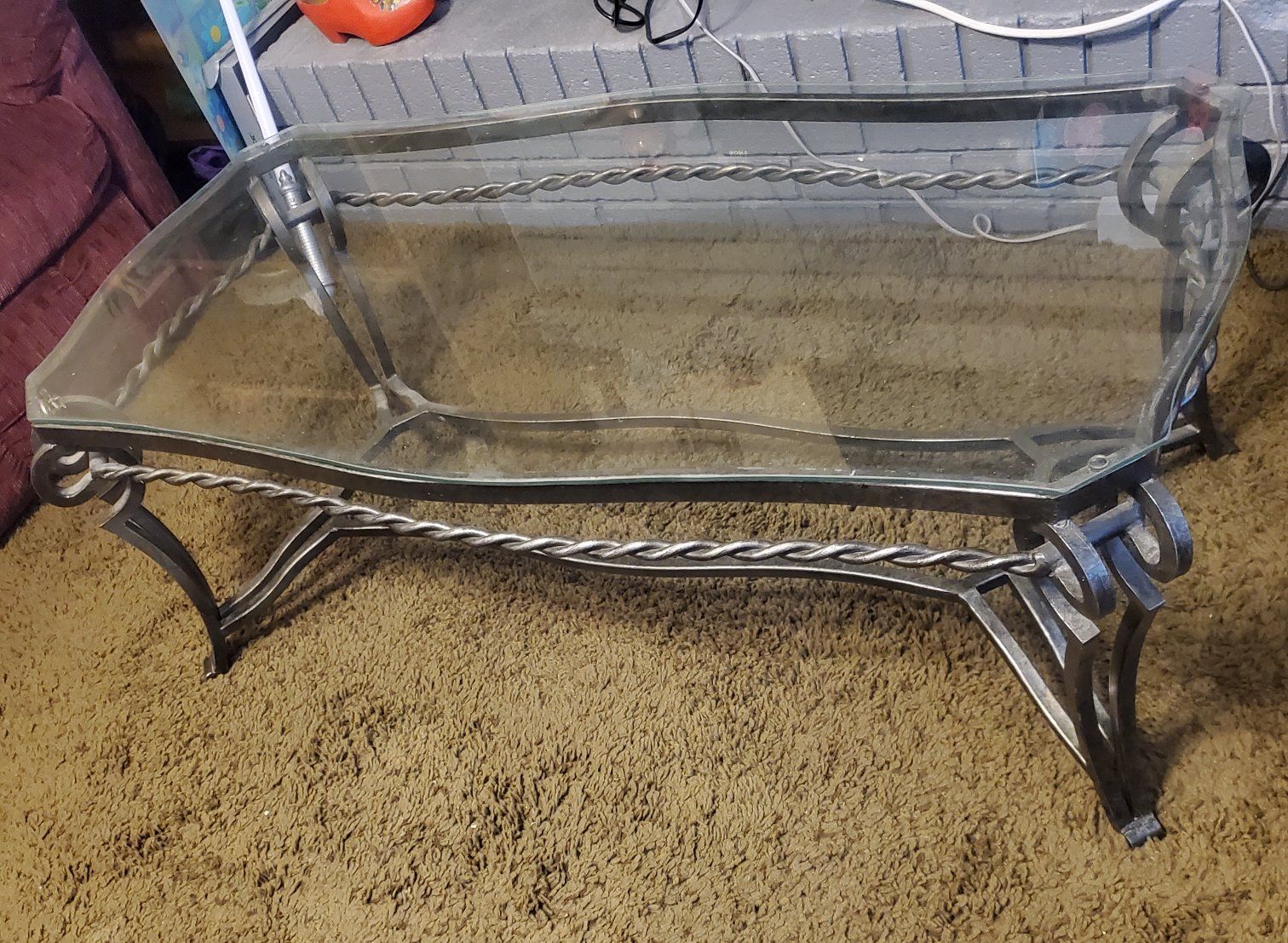 Wrought Iron Glass Top Coffee Table Wall Mirror & Corner Shelf Set