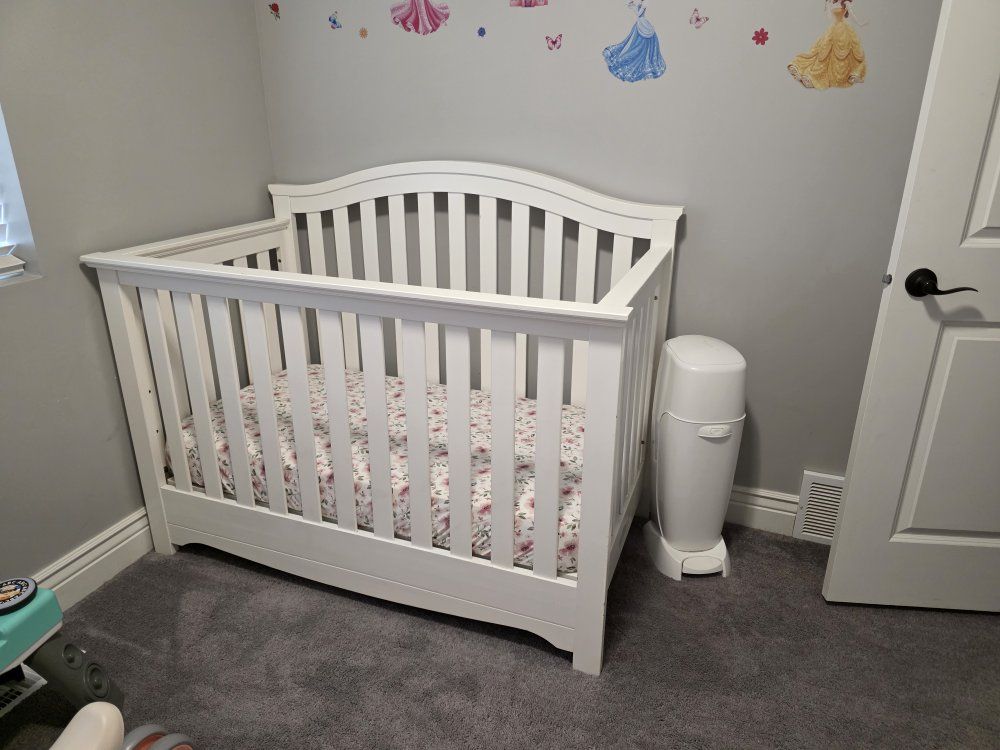 White Wooden Baby Crib with Floral Mattress - Excellent Condition