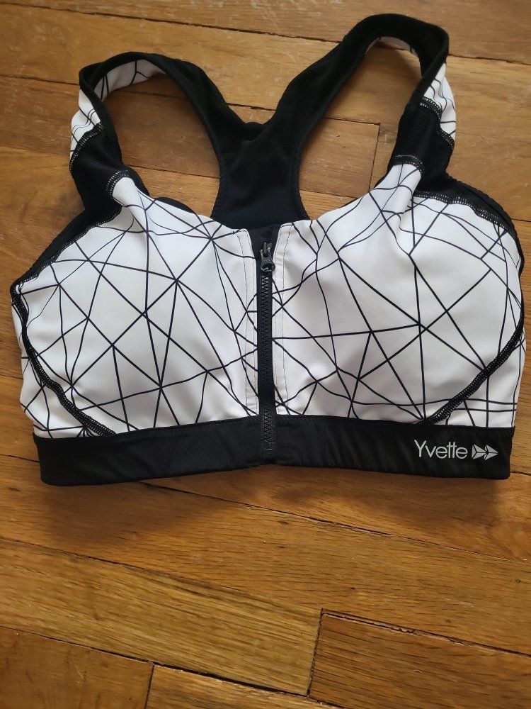Black and White Geometric Full Zip Sports Bra - Size S/M