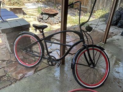 Custom Beach Cruiser Bicycle with Ape Hanger Handlebars & Red Rims