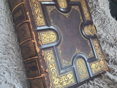 Antique Family Bible - Victorian Era, Ornate Gold Gilt Leather Binding, Large Dictionary & Bible