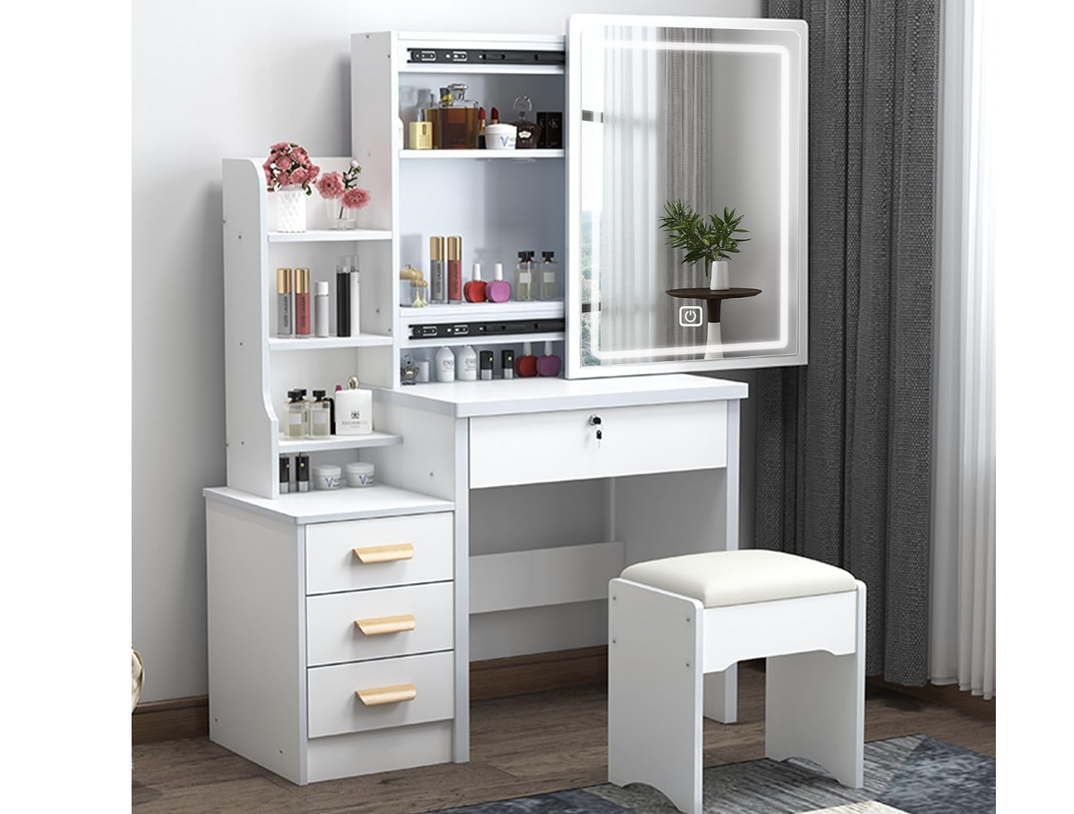 New in Box Small Vanity Desk with Sliding Lighted Mirror, White Makeup Vanity Table with with Stool,