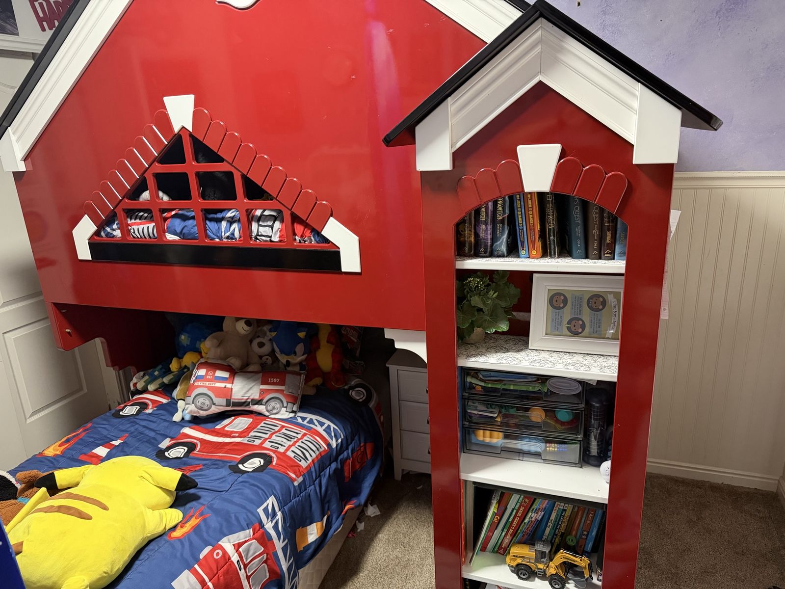 Kids Fire Depot Loft Bed w/ Built in Bookcase 