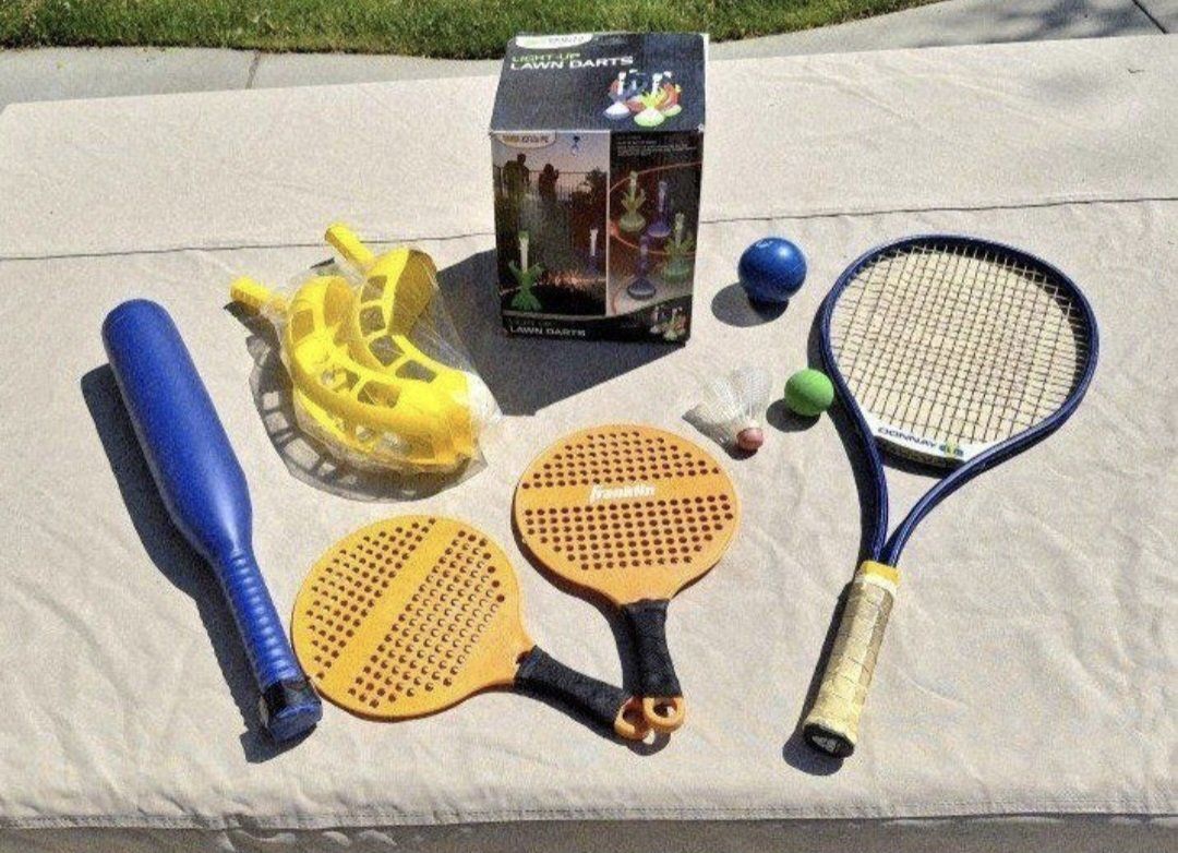 Outdoor Game Bundle: Lawn Darts, Badminton, Tennis & Baseball Set - Fun for All Ages