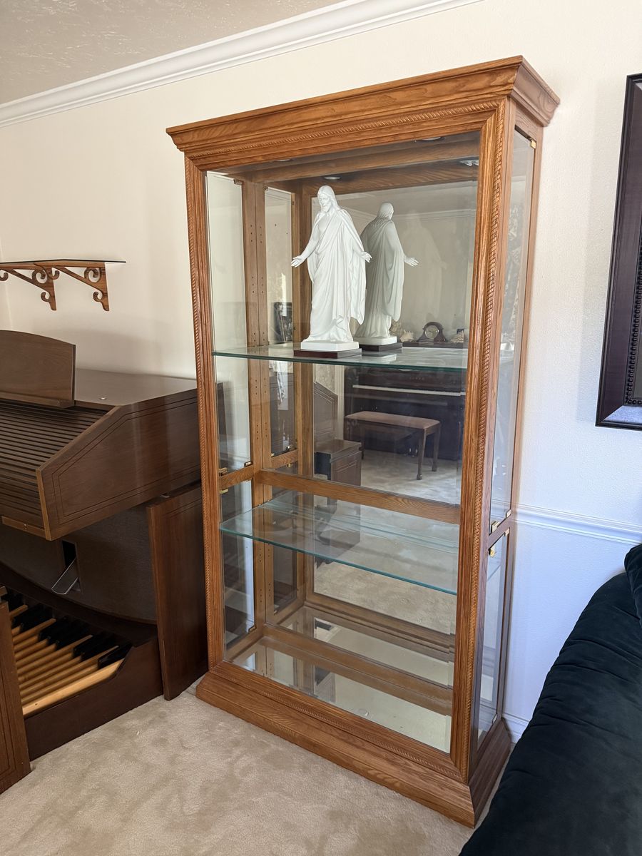 Large Solid Oak Lighted Curio Display Cabinet-Pristine Condition