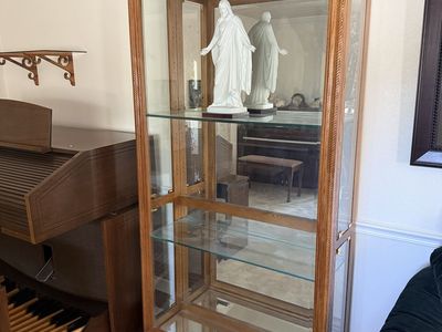 Large Solid Oak Lighted Curio Display Cabinet-Pristine Condition