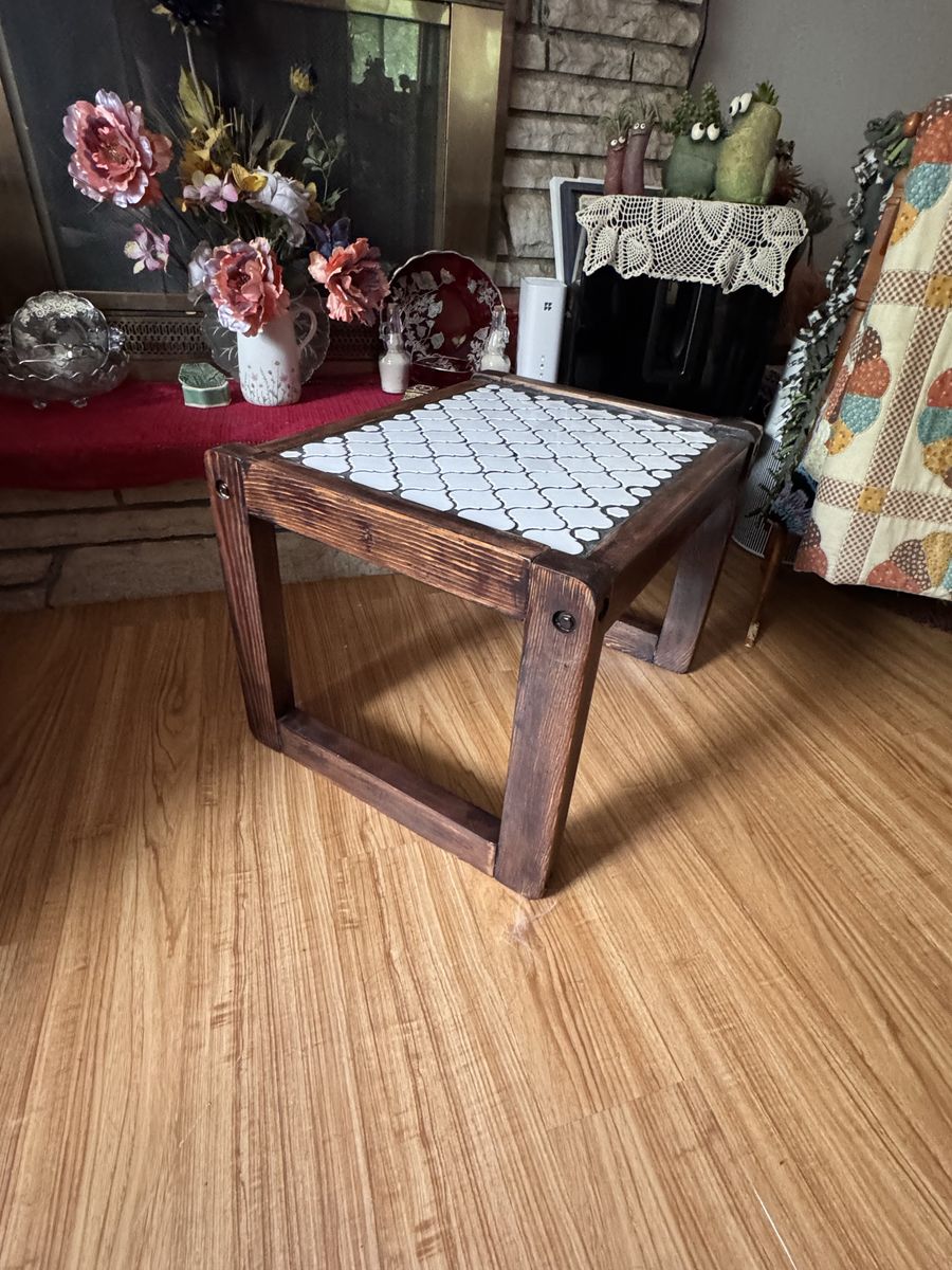 Rustic Wooden End Table with White Arabesque Tiled Top