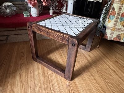 Rustic Wooden End Table with White Arabesque Tiled Top
