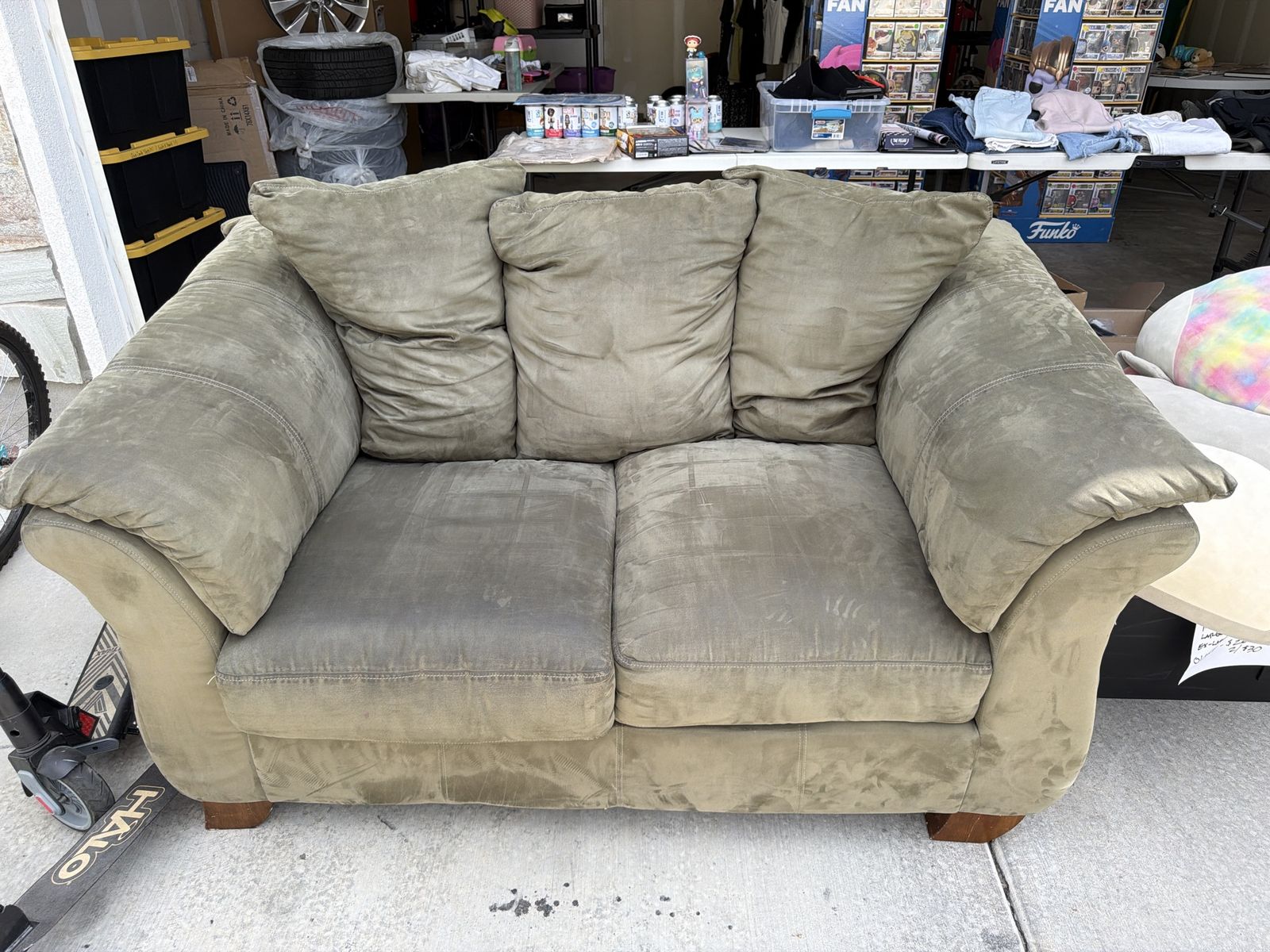 Used Green Fabric Loveseat and Armchair with Ottoman - Suede-like finish