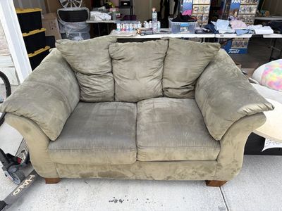 Used Green Fabric Loveseat and Armchair with Ottoman - Suede-like finish