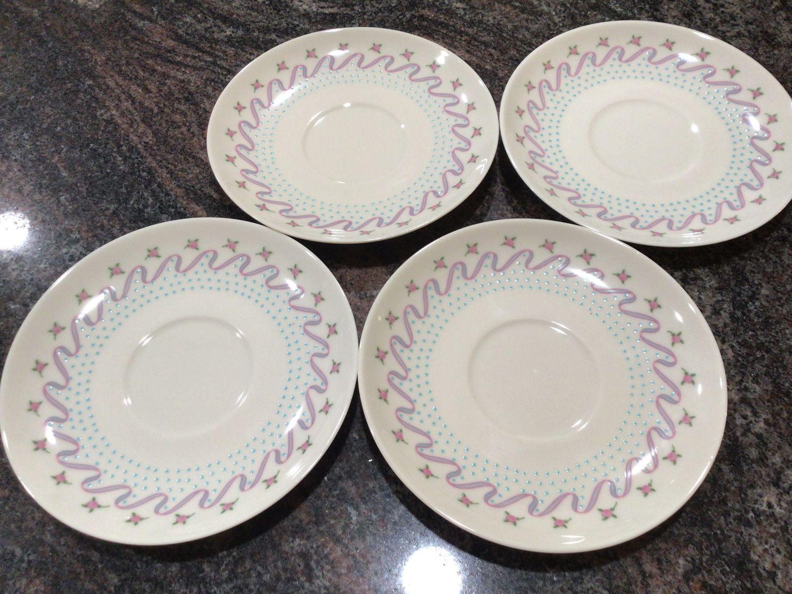 FRANCISCAN Crinoline 4 saucers vntg blue pink flowers ribbons dots cottagecore