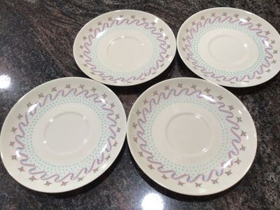 FRANCISCAN Crinoline 4 saucers vntg blue pink flowers ribbons dots cottagecore