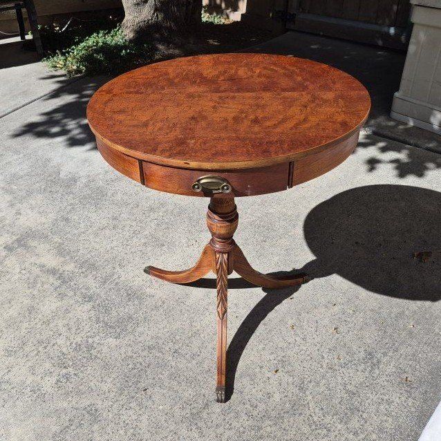 Vintage Round Accent Table with Drawer - Wood Pedestal Base - Cherry Finish