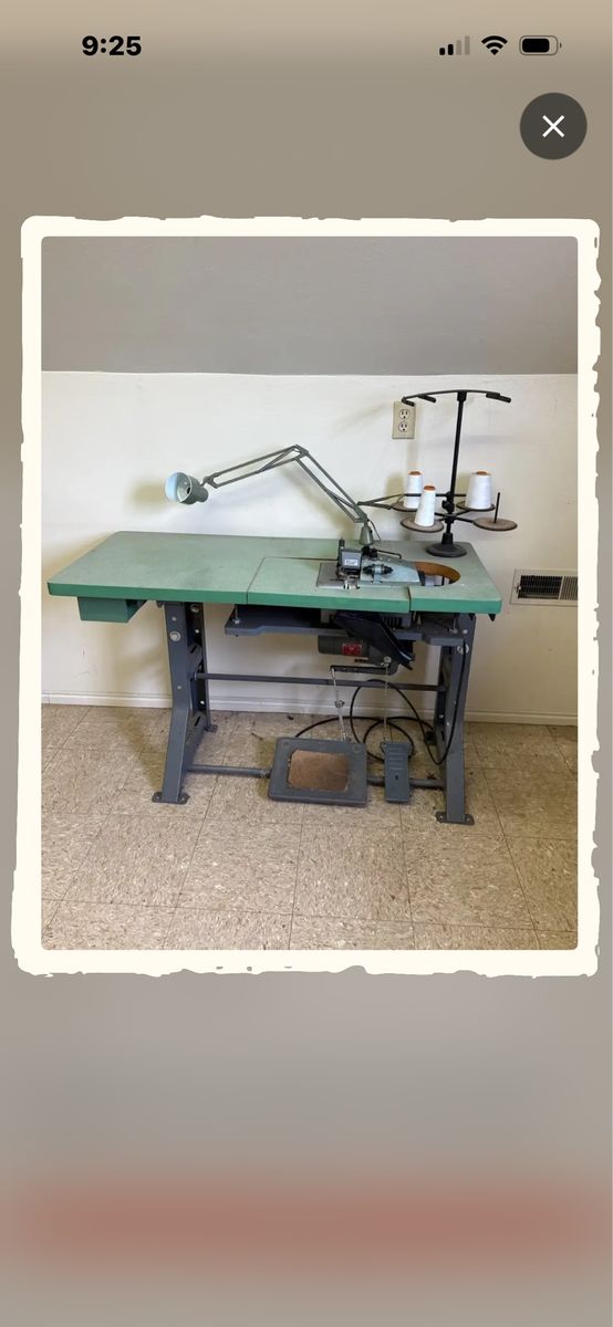 Vintage Industrial Sewing Machine Table with Lamp and Thread Stand
