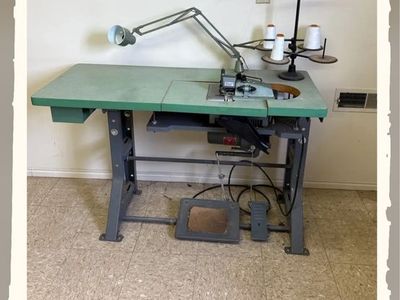 Vintage Industrial Sewing Machine Table with Lamp and Thread Stand