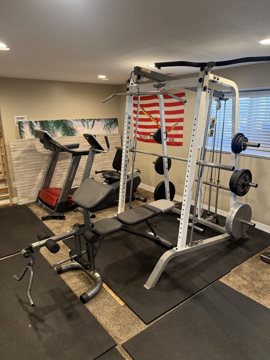 Complete home gym squat, bench, treadmill, elliptical, bike, weights cable pulls