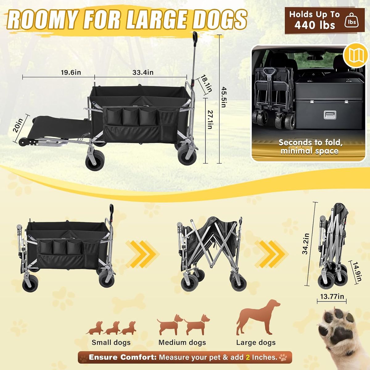 Foldable Wagon / Stroller with Tailgate for Large Items Up to 400 lbs.  Best for Walking, Garden, Camping, Sport, Black